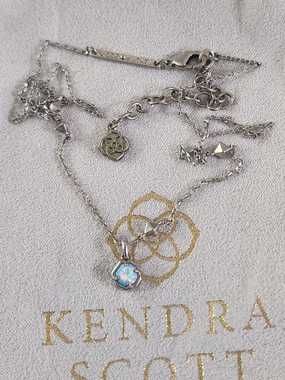Kendra Scott Nola Necklace, Rhodium, Light Blue Kyocera Opal, preloved - Picture 2 of 9